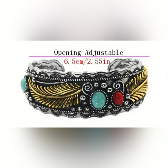 Southwestern Cuff Bohemian Feather Gypsy Festival Tribal Turquoise Stone NWT - Picture 2 of 3